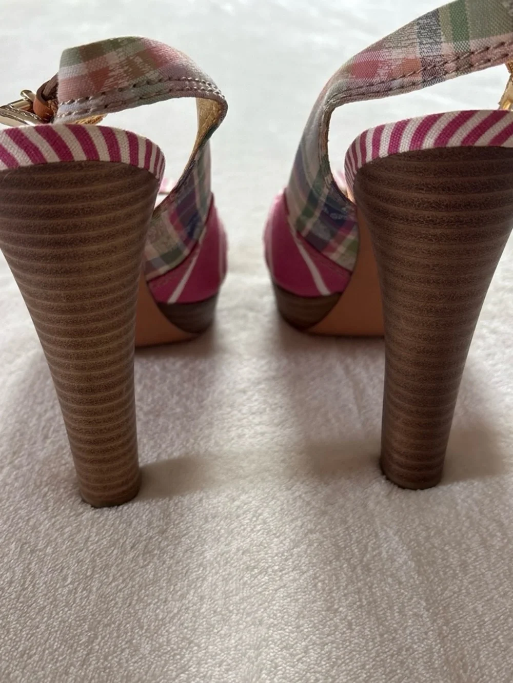 COACH Berli Poppy Pink Patchwork Monogram Peep Toe Slingback Platform Heels US 7